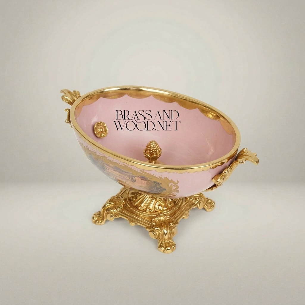 Baroque Porcelain & Brass Footed Centerpiece Bowl - Hand-Painted Landscape Medallion — Gold