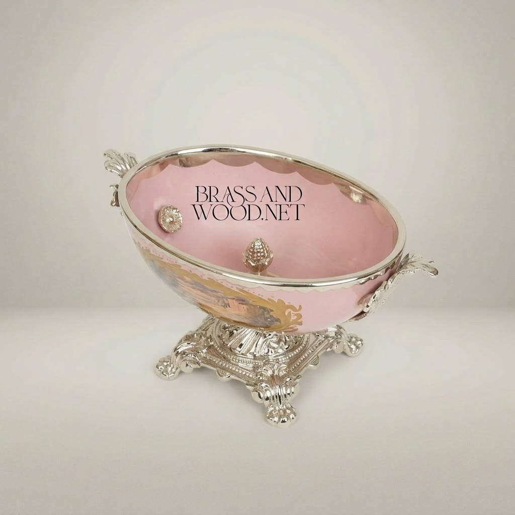 Baroque Porcelain & Brass Footed Centerpiece Bowl - Hand-Painted Landscape Medallion — Silver