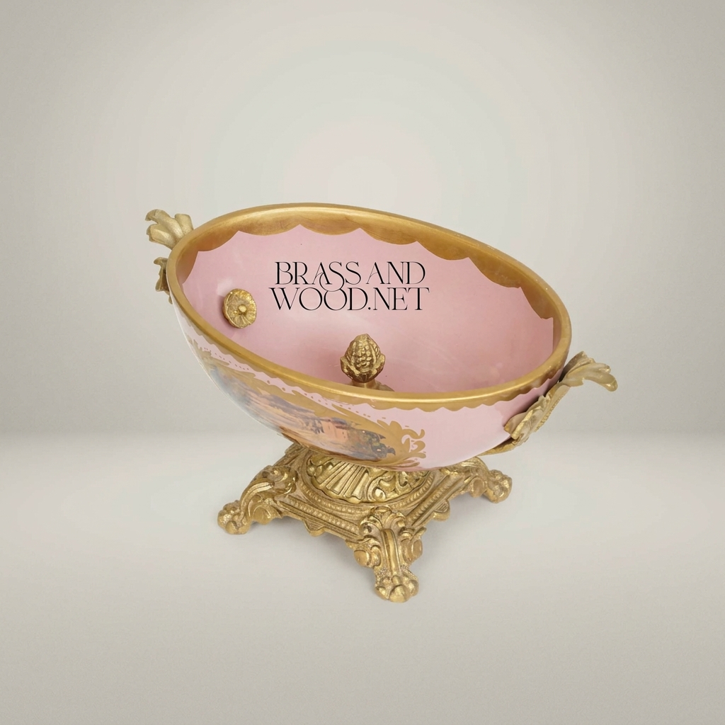Baroque Porcelain & Brass Footed Centerpiece Bowl - Hand-Painted Landscape Medallion — Antique Gold