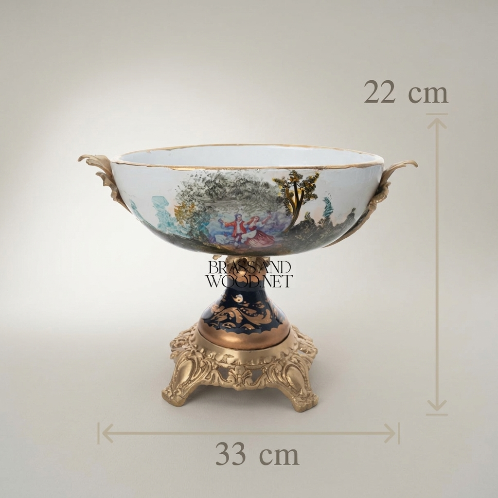 Baroque Porcelain & Brass Pedestal Candy Dish - Hand-Painted Romantic Scene — Antique Gold