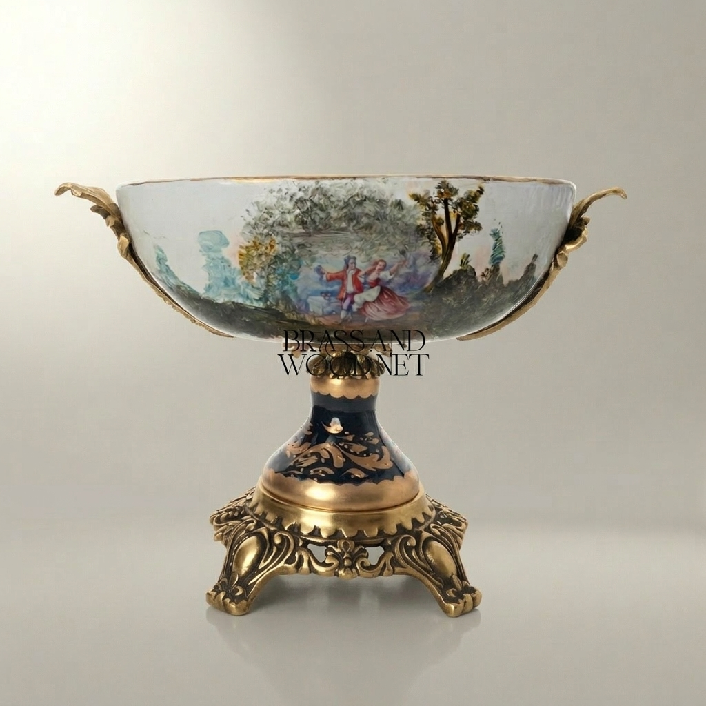 Baroque Porcelain & Brass Pedestal Candy Dish - Hand-Painted Romantic Scene