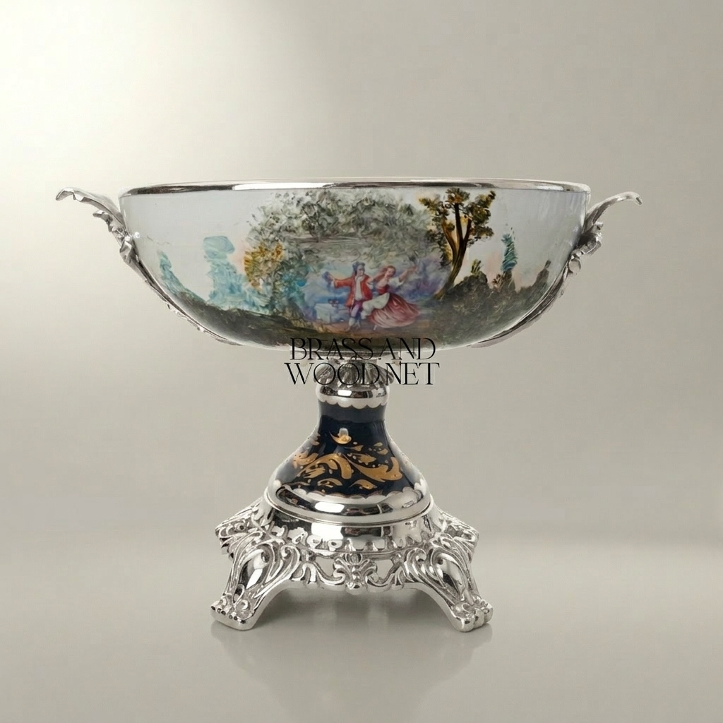 Baroque Porcelain & Brass Pedestal Candy Dish - Hand-Painted Romantic Scene — Silver