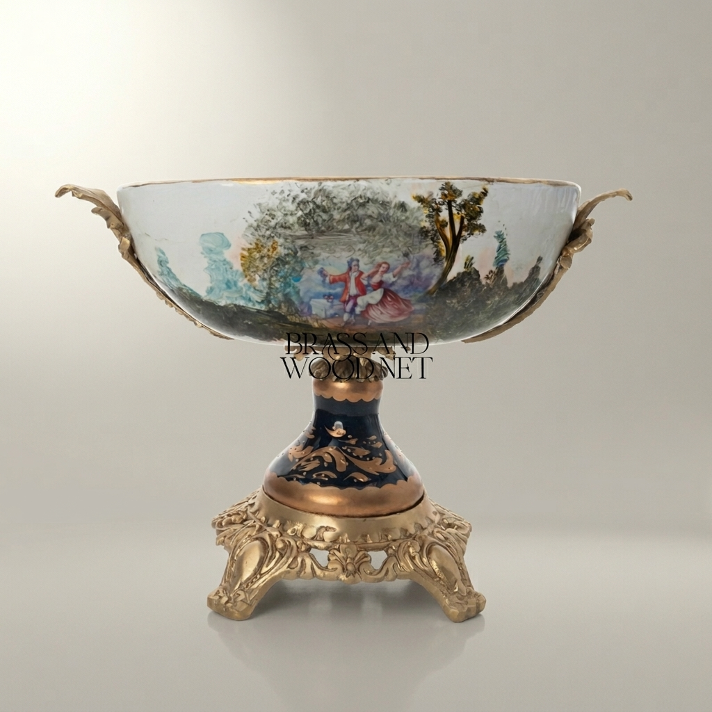 Baroque Porcelain & Brass Pedestal Candy Dish - Hand-Painted Romantic Scene — Antique Gold