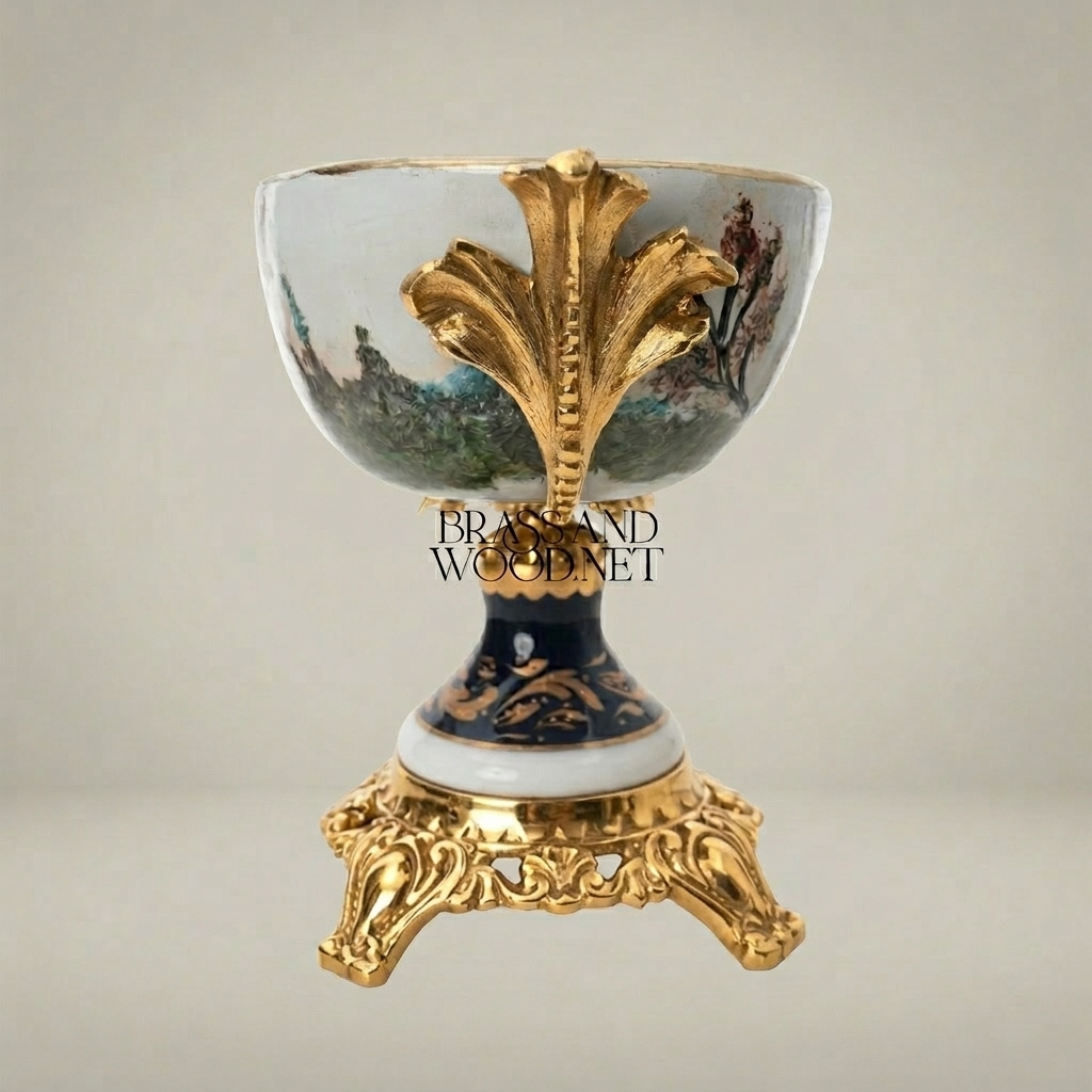 Baroque Porcelain & Brass Pedestal Candy Dish - Hand-Painted Romantic Scene