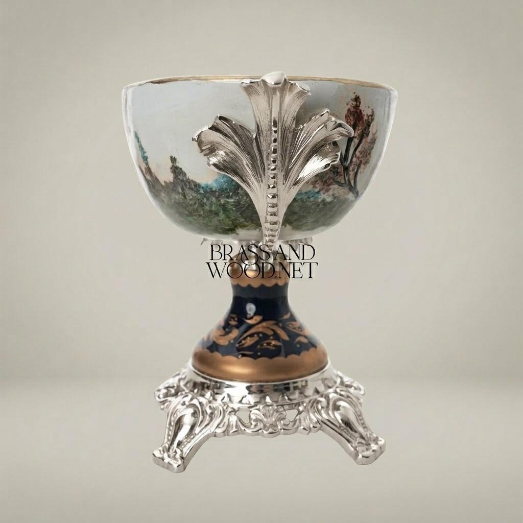 Baroque Porcelain & Brass Pedestal Candy Dish - Hand-Painted Romantic Scene — Silver