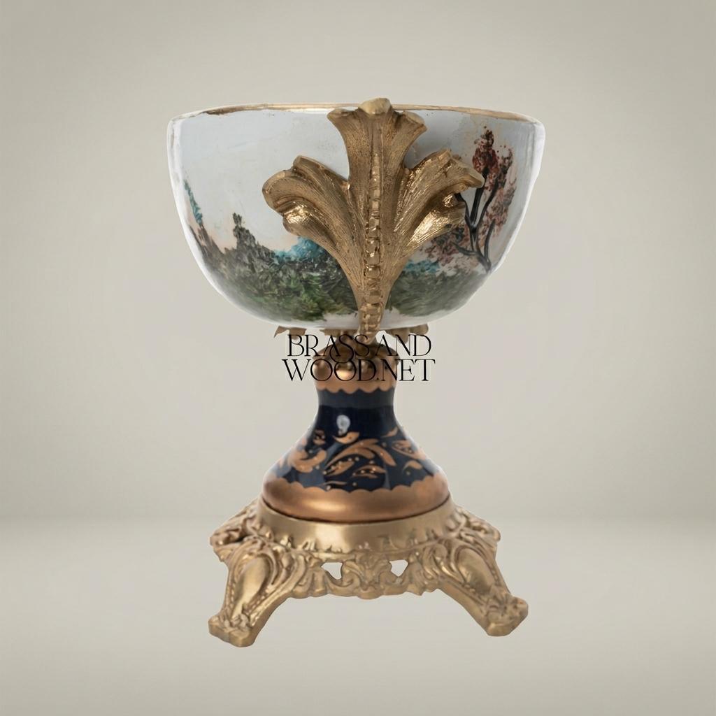 Baroque Porcelain & Brass Pedestal Candy Dish - Hand-Painted Romantic Scene — Antique Gold