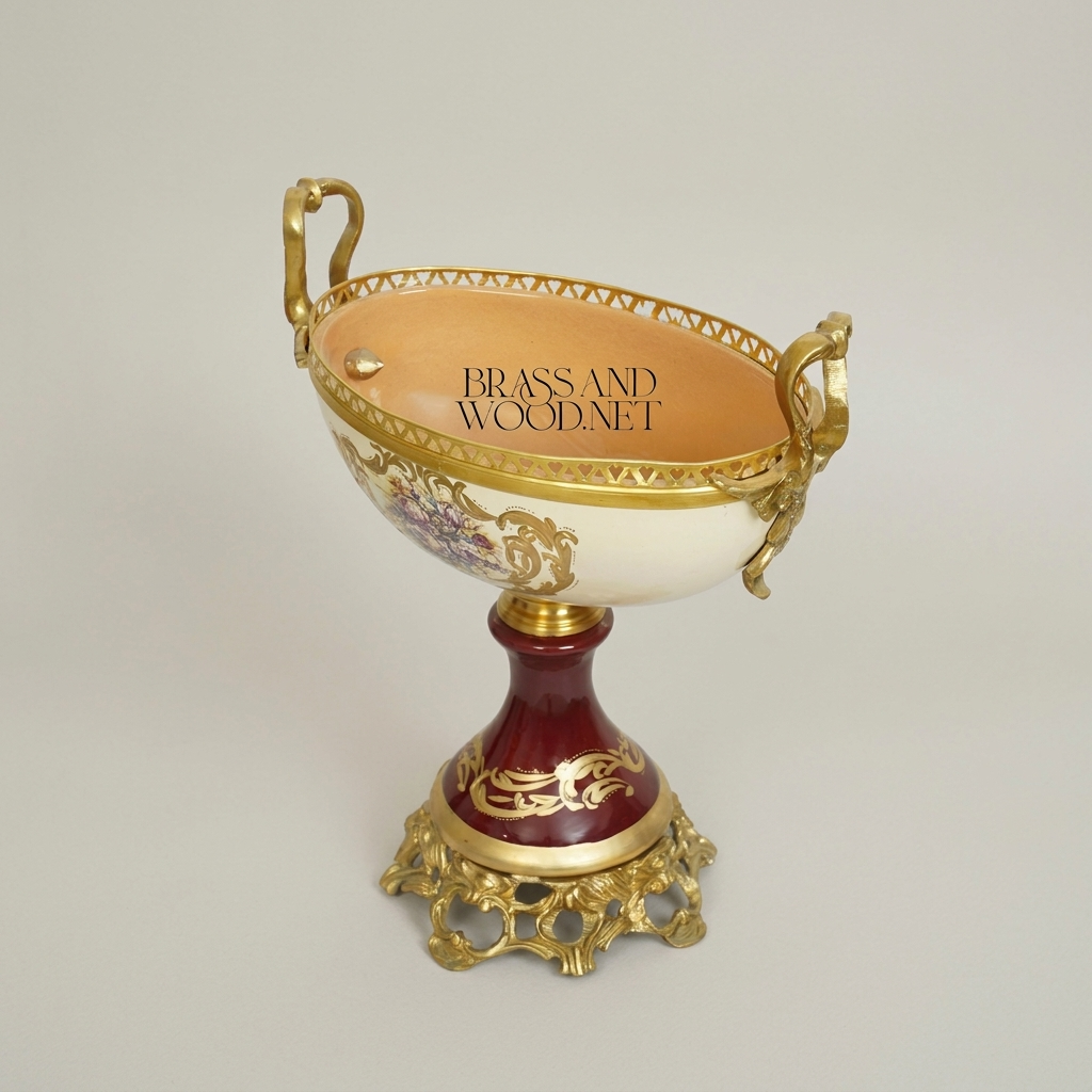 Baroque Porcelain & Brass Pedestal Compote - Floral Hand-Painted Bowl — Antique Gold
