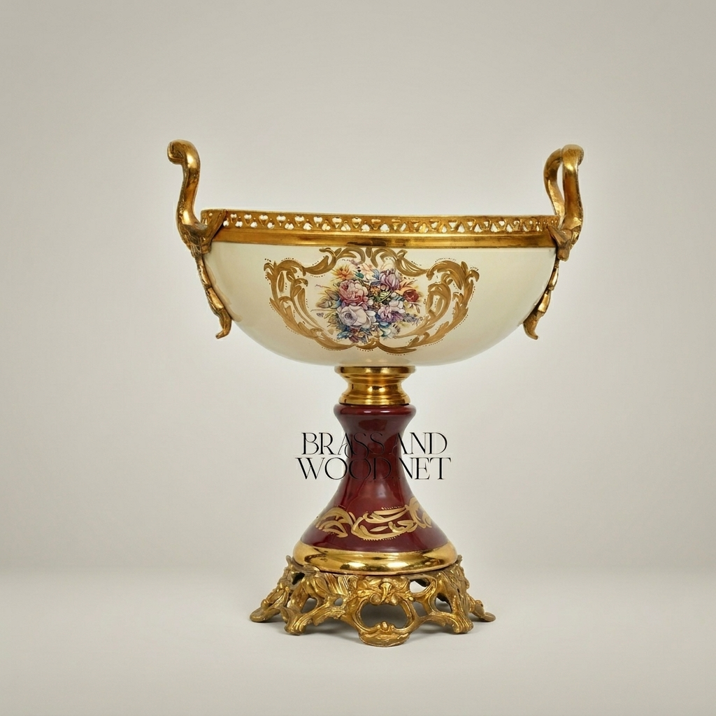 Baroque Porcelain & Brass Pedestal Compote - Floral Hand-Painted Bowl — Gold