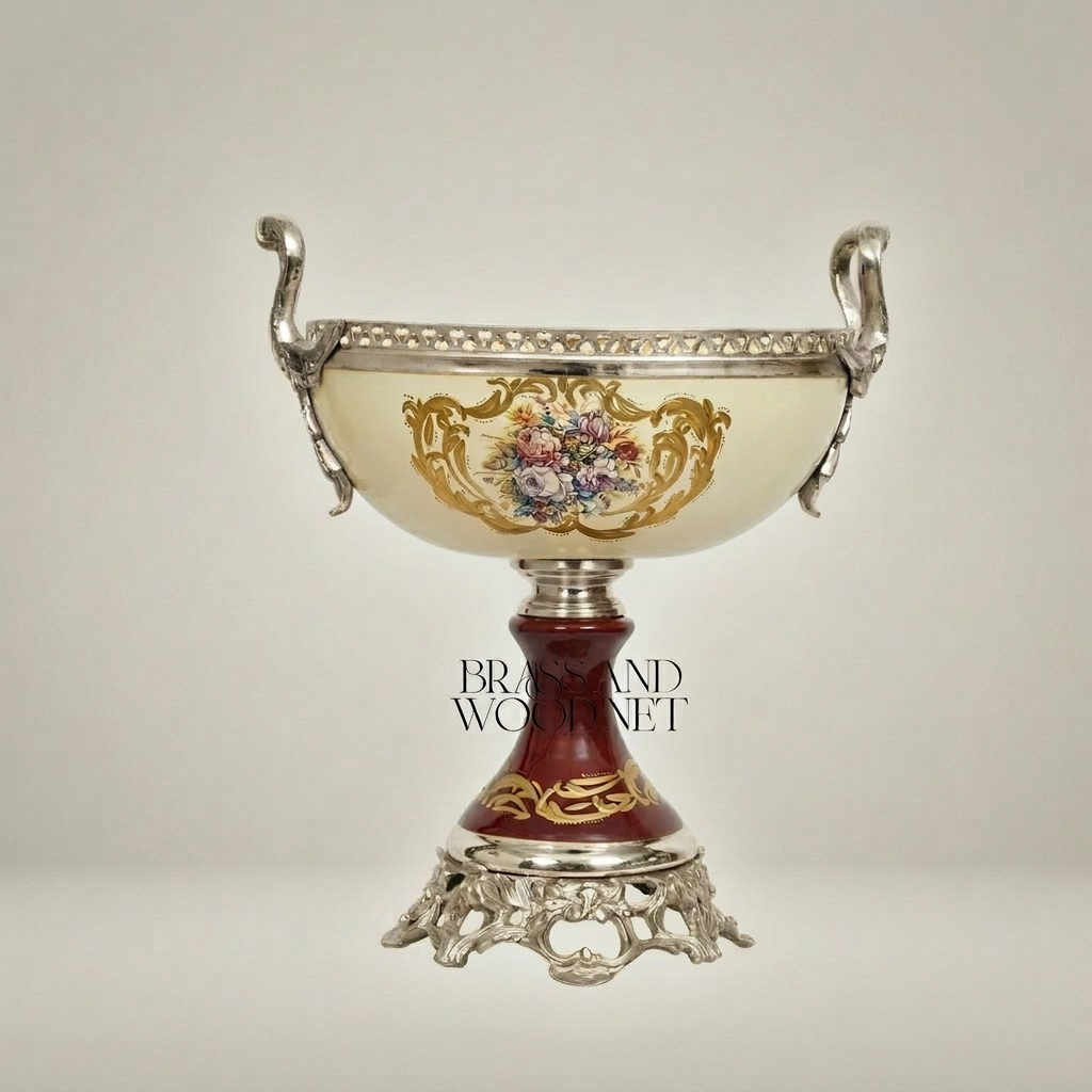 Baroque Porcelain & Brass Pedestal Compote - Floral Hand-Painted Bowl — Silver