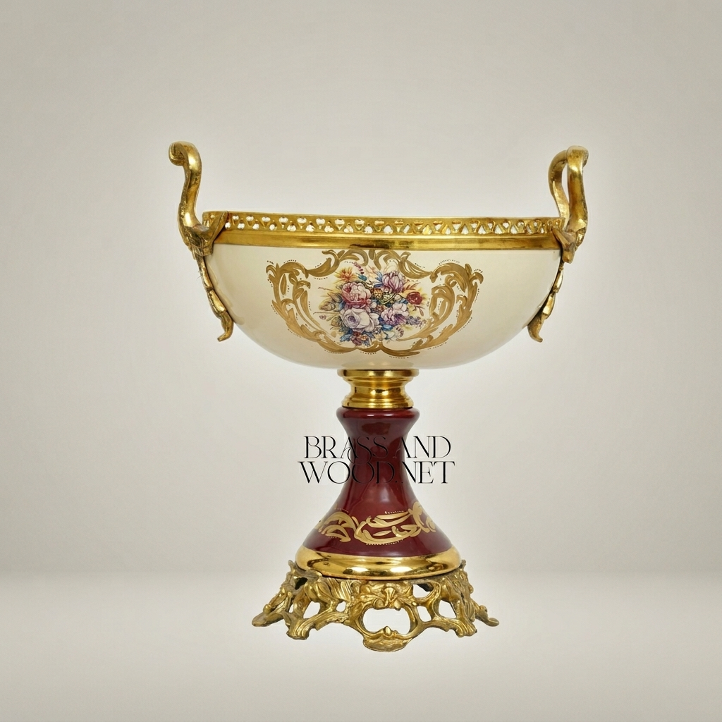 Baroque Porcelain & Brass Pedestal Compote - Floral Hand-Painted Bowl — Antique Gold