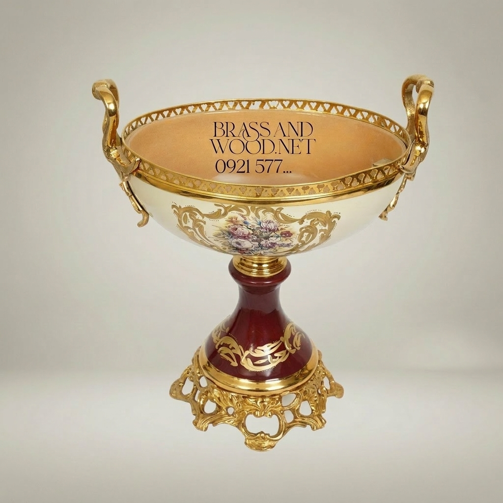 Baroque Porcelain & Brass Pedestal Compote - Floral Hand-Painted Bowl