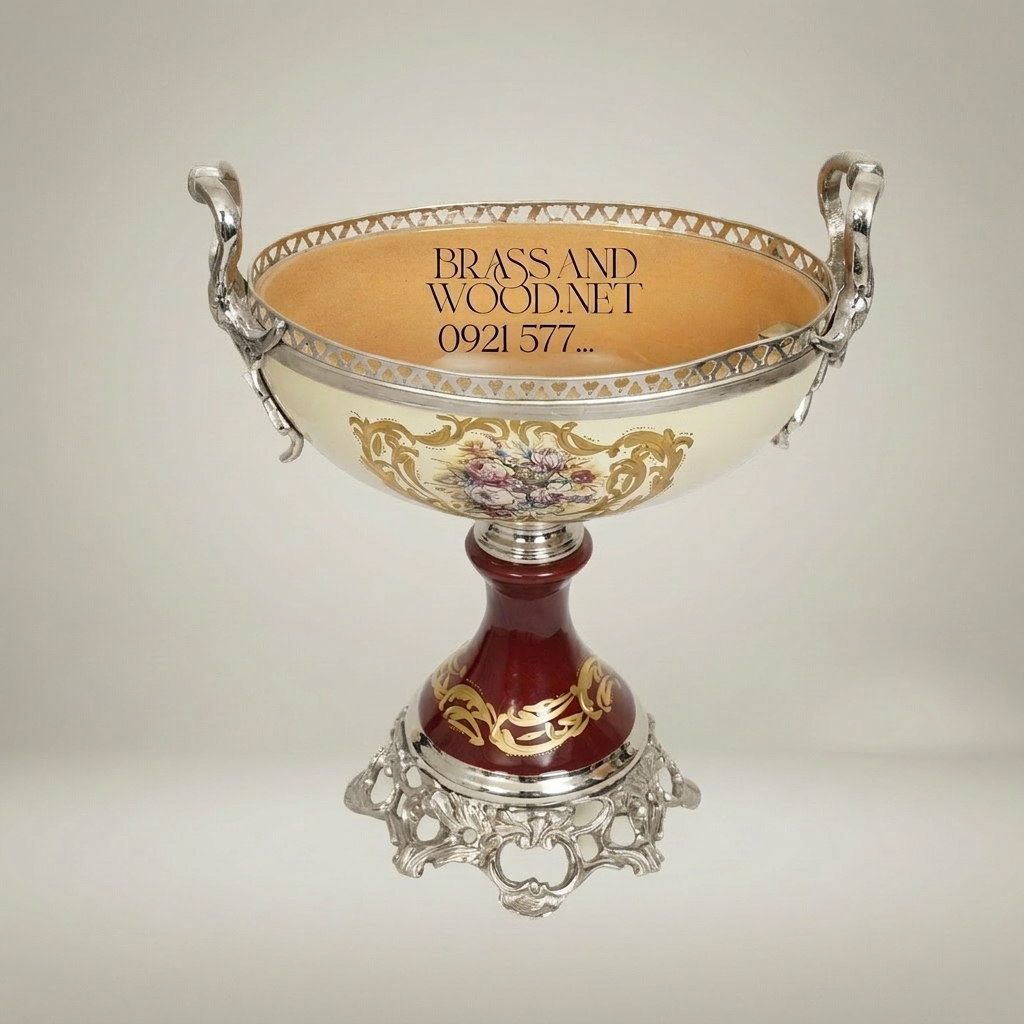 Baroque Porcelain & Brass Pedestal Compote - Floral Hand-Painted Bowl — Silver