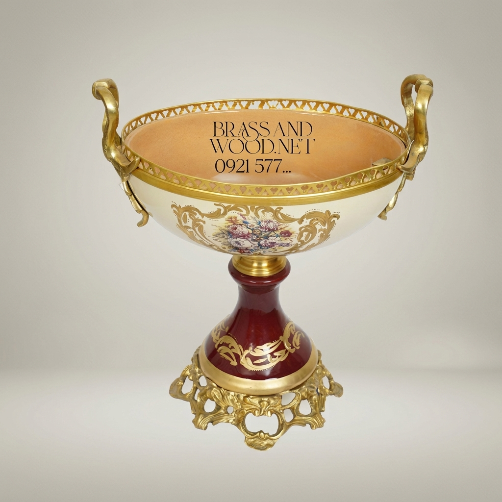 Baroque Porcelain & Brass Pedestal Compote - Floral Hand-Painted Bowl — Antique Gold