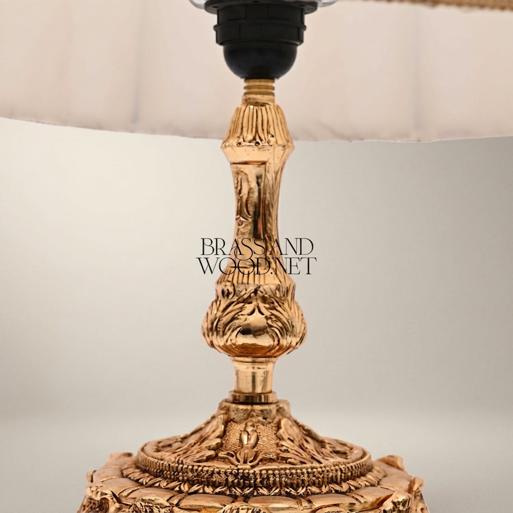 Baroque Repoussé Brass Table Lamp with Pleated Fabric Shade — Antique Gold