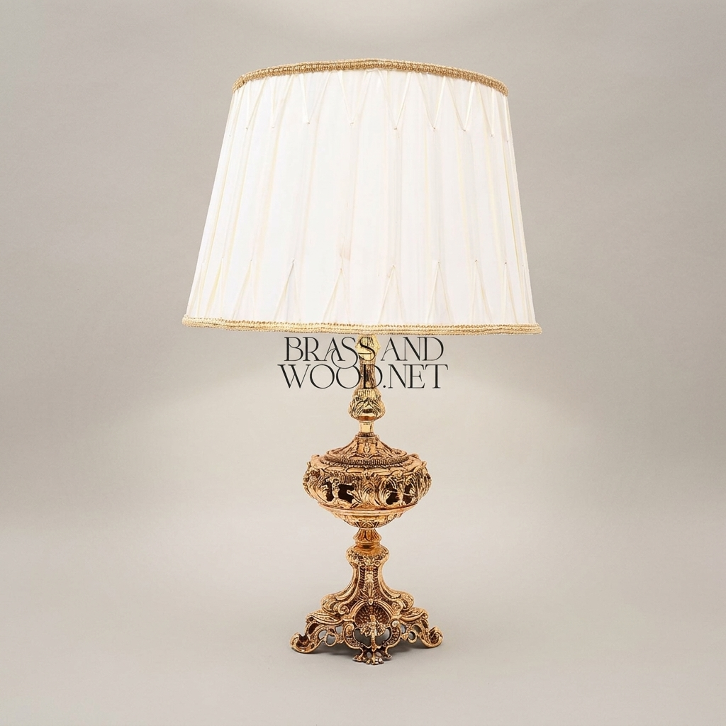 Baroque Repoussé Brass Table Lamp with Pleated Fabric Shade — Antique Gold