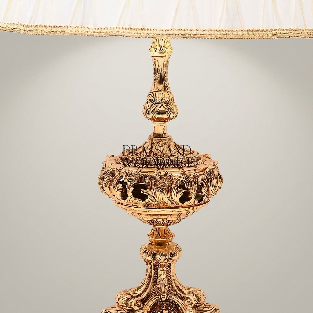 Baroque Repoussé Brass Table Lamp with Pleated Fabric Shade — Antique Gold