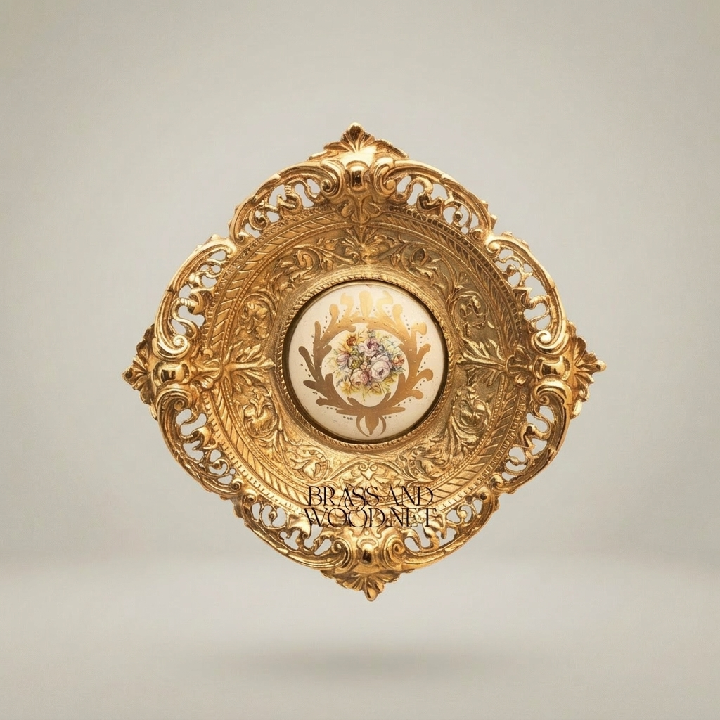 Baroque Reticulated Brass Wall Plaque with Floral Ceramic Medallion — Gold