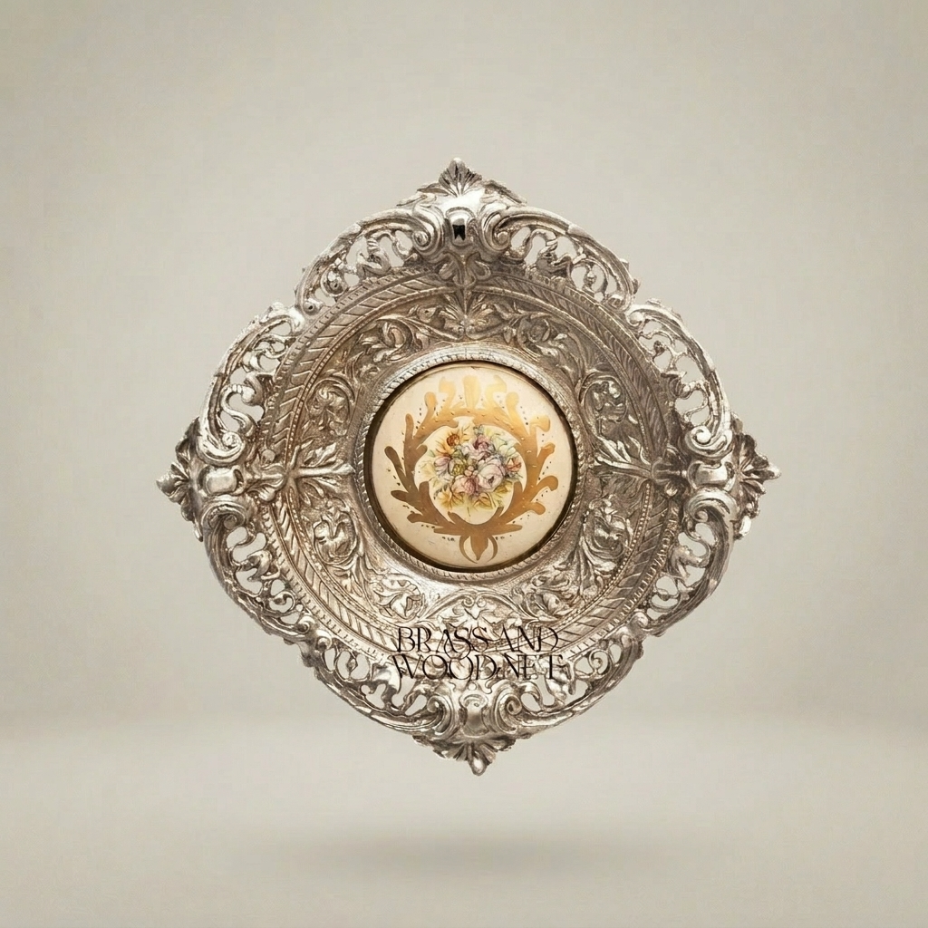Baroque Reticulated Brass Wall Plaque with Floral Ceramic Medallion — Silver