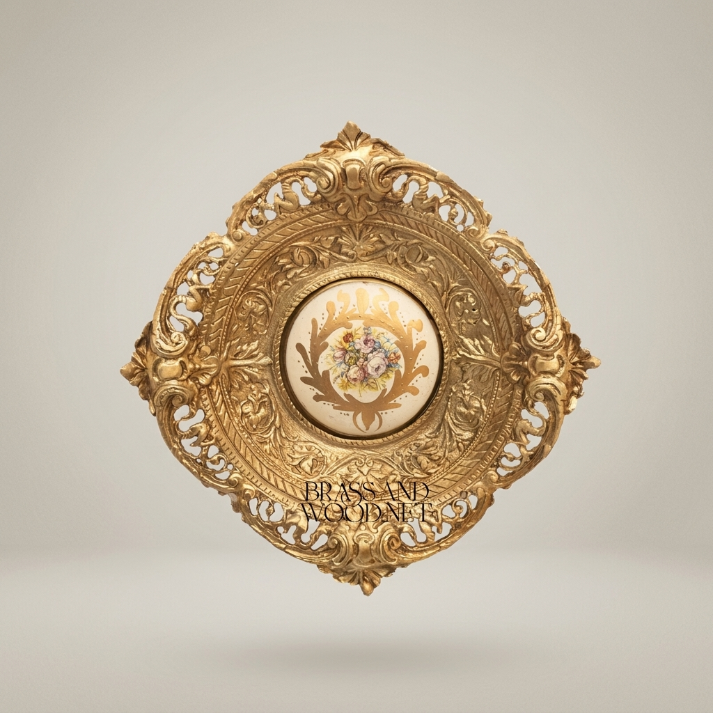 Baroque Reticulated Brass Wall Plaque with Floral Ceramic Medallion — Antique Gold