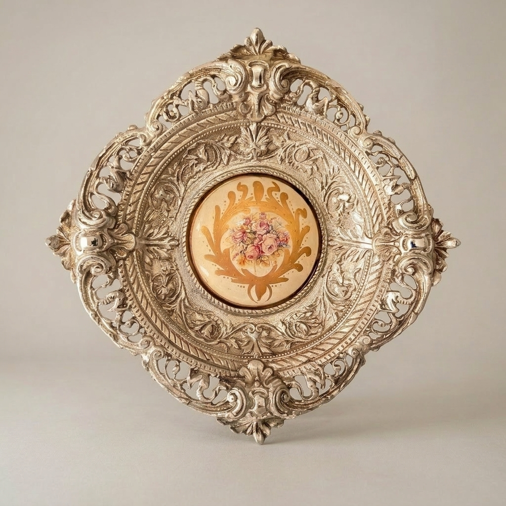 Baroque Reticulated Brass Wall Plaque with Floral Ceramic Medallion — Silver