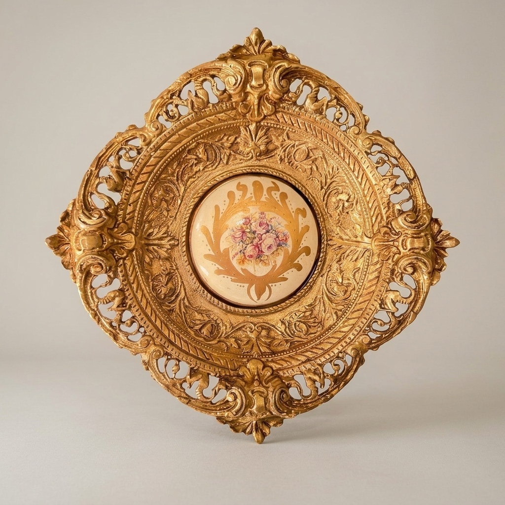 Baroque Reticulated Brass Wall Plaque with Floral Ceramic Medallion — Antique Gold
