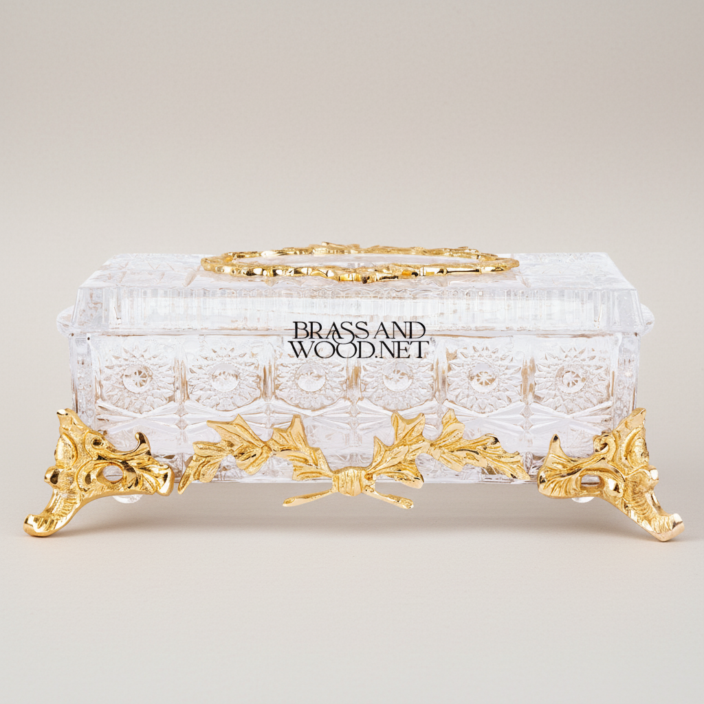 Baroque Revival Cut-Crystal Tissue Box with Laurel Wreath Metal Frame — Gold