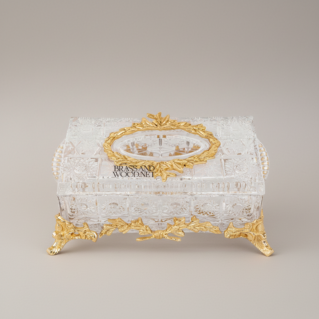 Baroque Revival Cut-Crystal Tissue Box with Laurel Wreath Metal Frame — Gold