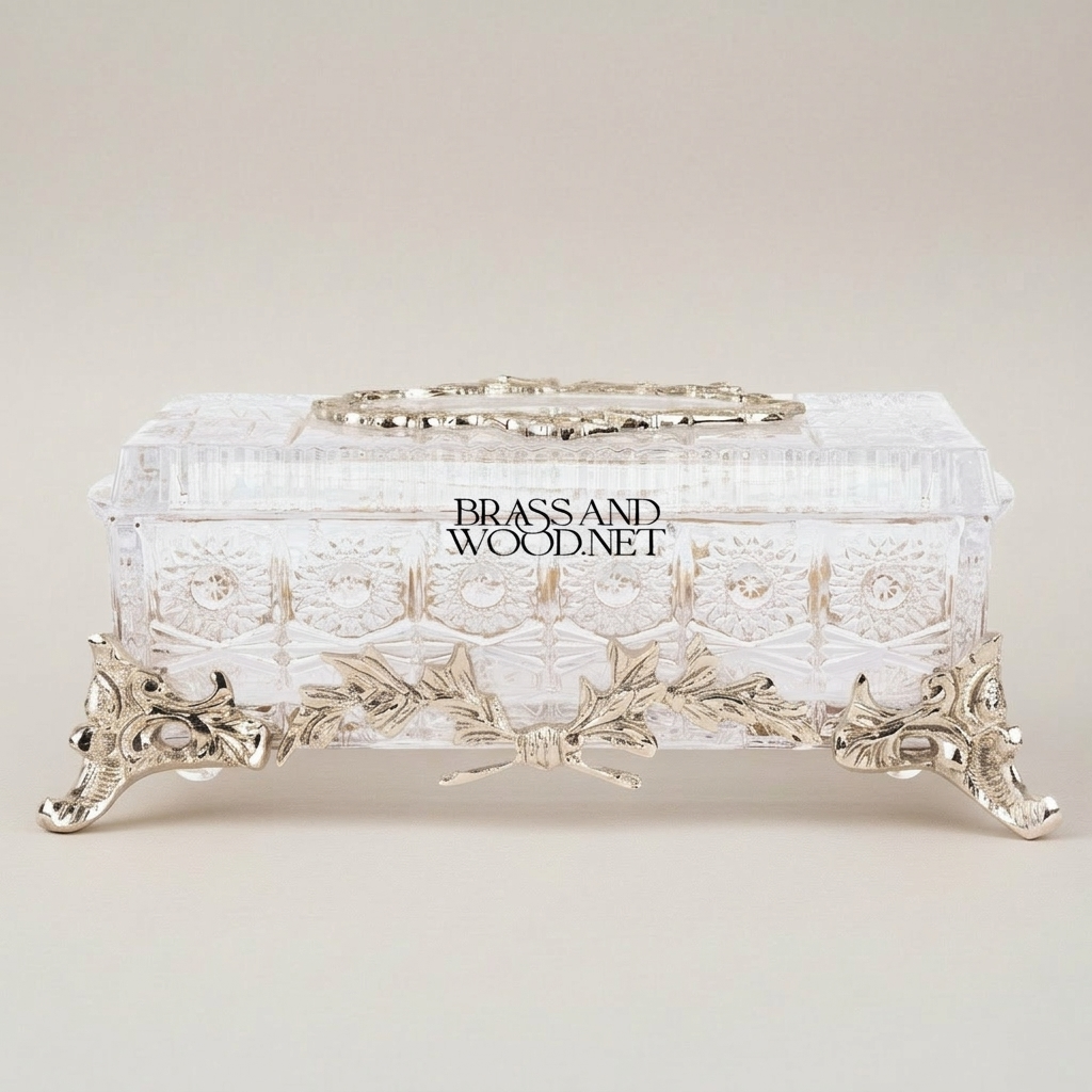 Baroque Revival Cut-Crystal Tissue Box with Laurel Wreath Metal Frame — Silver