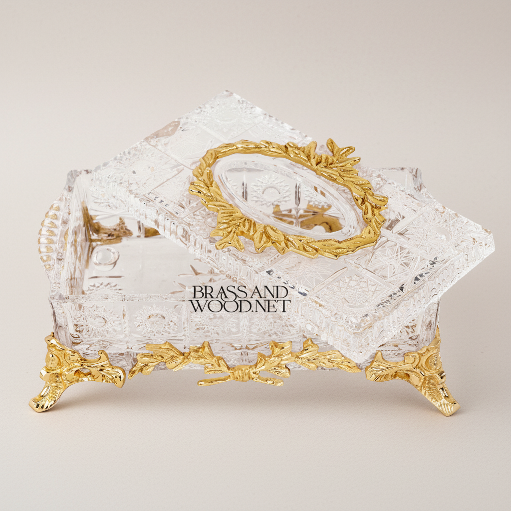 Baroque Revival Cut-Crystal Tissue Box with Laurel Wreath Metal Frame — Gold