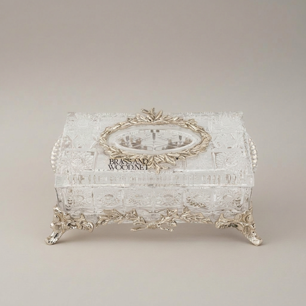 Baroque Revival Cut-Crystal Tissue Box with Laurel Wreath Metal Frame
