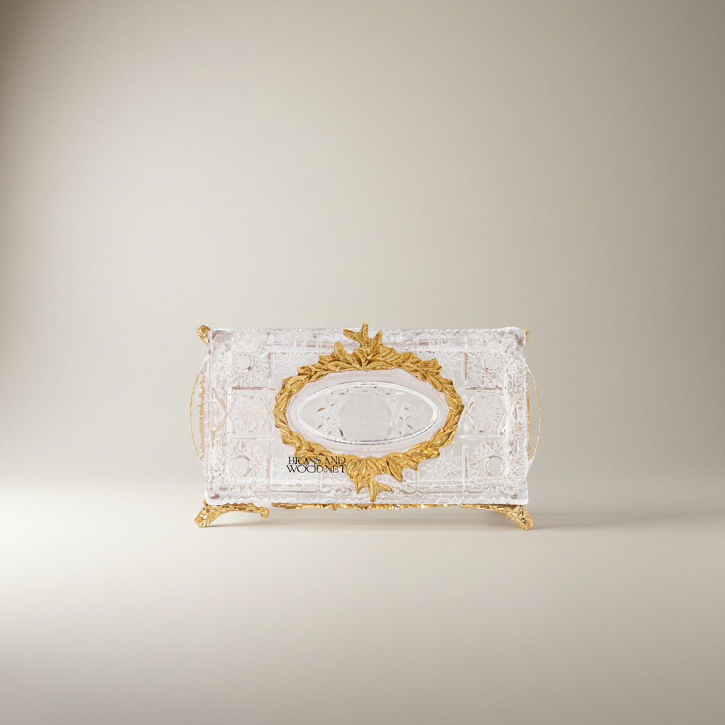 Baroque Revival Cut-Crystal Tissue Box with Laurel Wreath Metal Frame — Gold