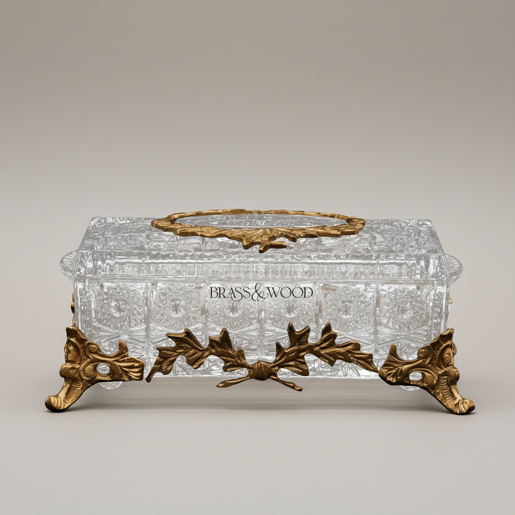 Baroque Revival Cut-Crystal Tissue Box with Laurel Wreath Metal Frame — Antique Gold