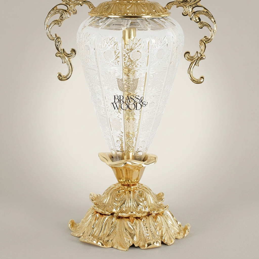 Baroque Rococo Brass & Crystal Urn Stand Clock with Acanthus Scrollwork
