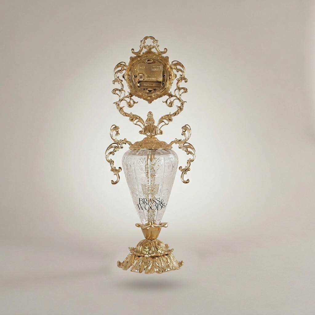 Baroque Rococo Brass & Crystal Urn Stand Clock with Acanthus Scrollwork