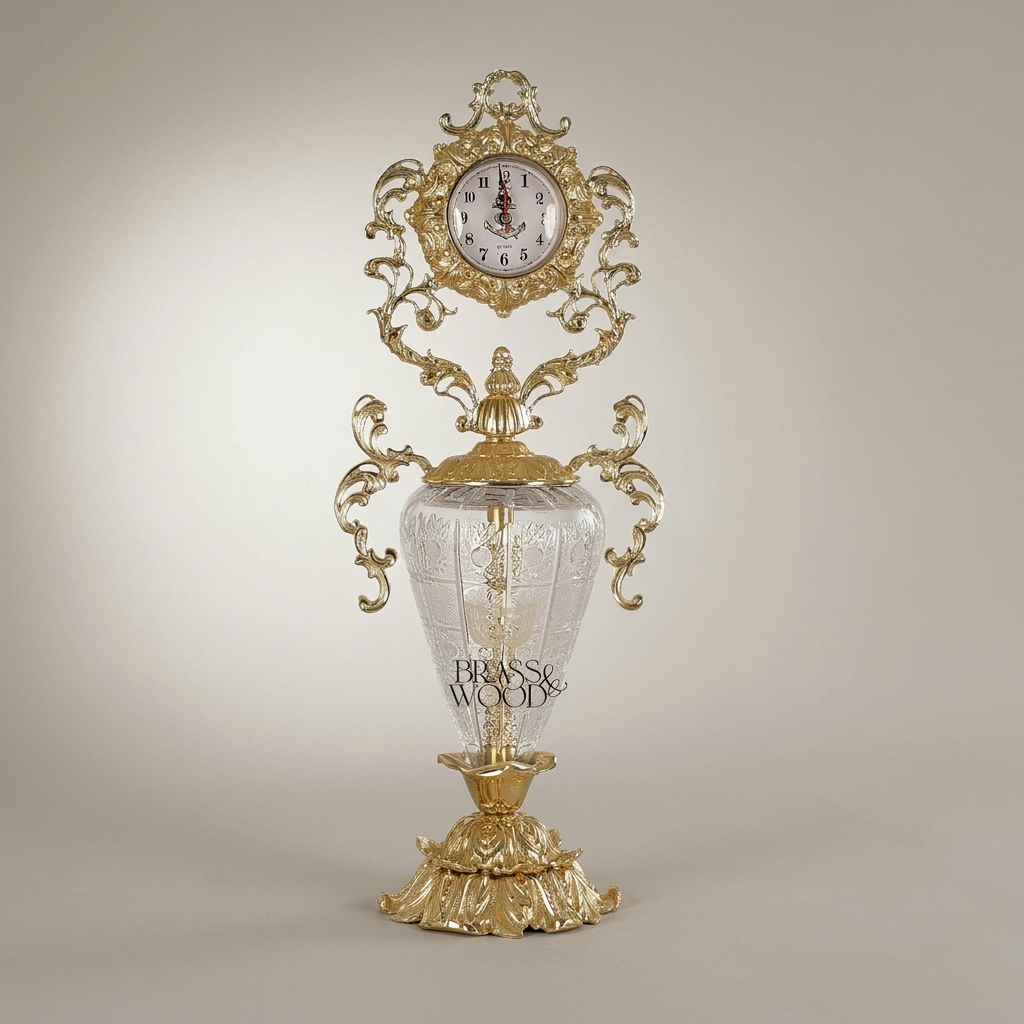 Baroque Rococo Brass & Crystal Urn Stand Clock with Acanthus Scrollwork — Gold