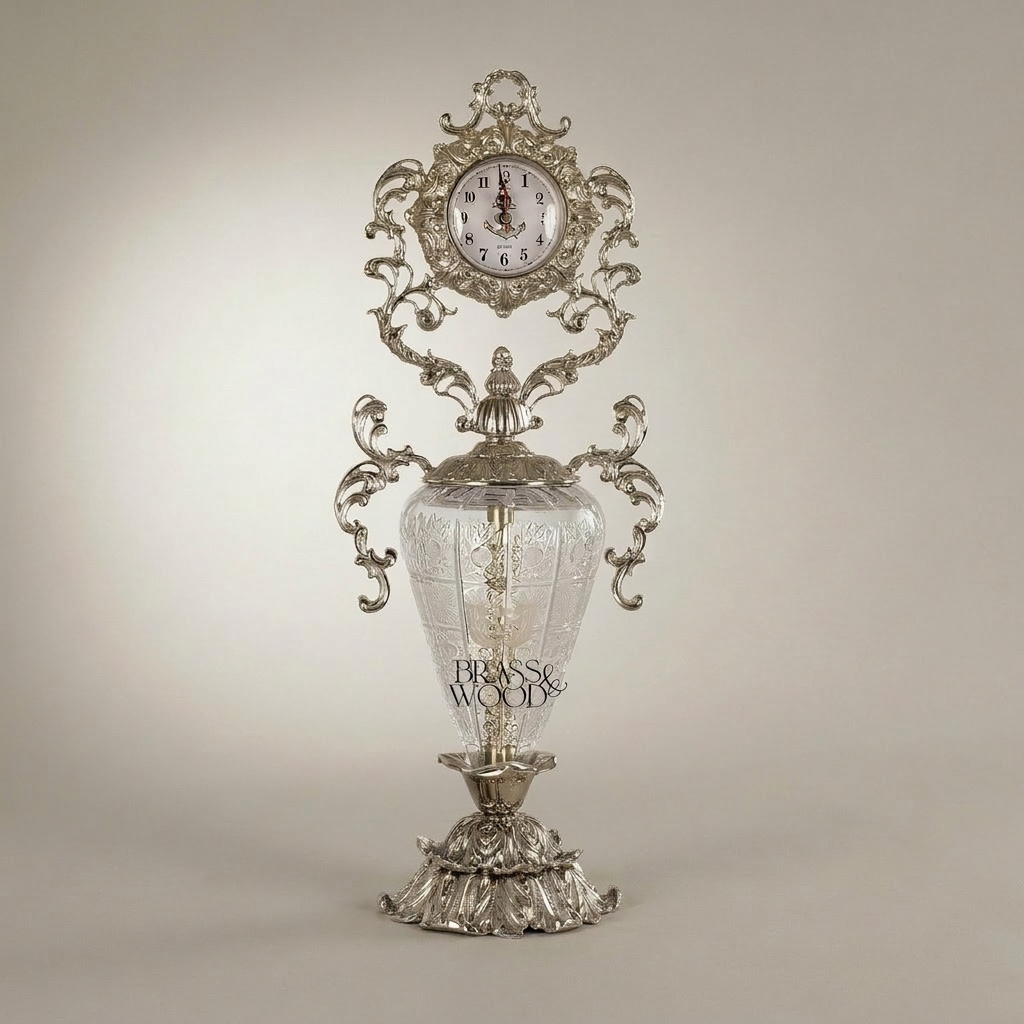 Baroque Rococo Brass & Crystal Urn Stand Clock with Acanthus Scrollwork — Silver