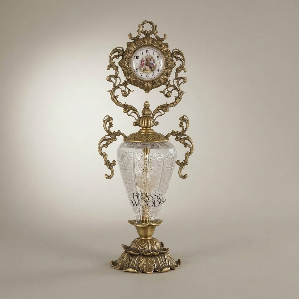 Baroque Rococo Brass & Crystal Urn Stand Clock with Acanthus Scrollwork — Antique Gold