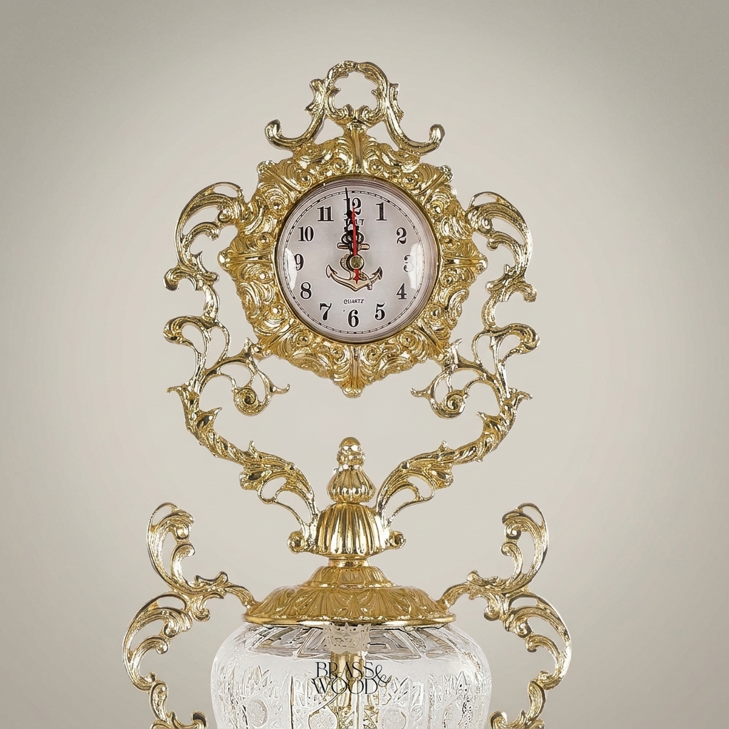 Baroque Rococo Brass & Crystal Urn Stand Clock with Acanthus Scrollwork — Gold