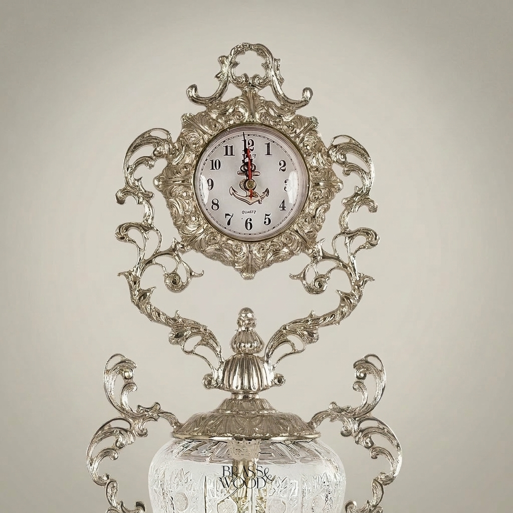 Baroque Rococo Brass & Crystal Urn Stand Clock with Acanthus Scrollwork — Silver