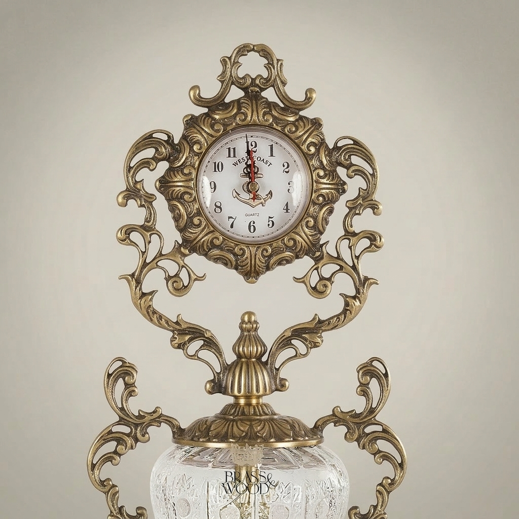 Baroque Rococo Brass & Crystal Urn Stand Clock with Acanthus Scrollwork — Antique Gold