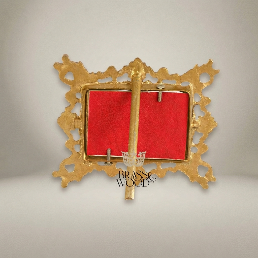 Baroque Rococo Brass Filigree Stand Photo Frame - Openwork Scroll Easel — Antique Gold