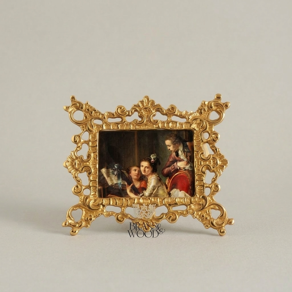 Baroque Rococo Brass Filigree Stand Photo Frame - Openwork Scroll Easel