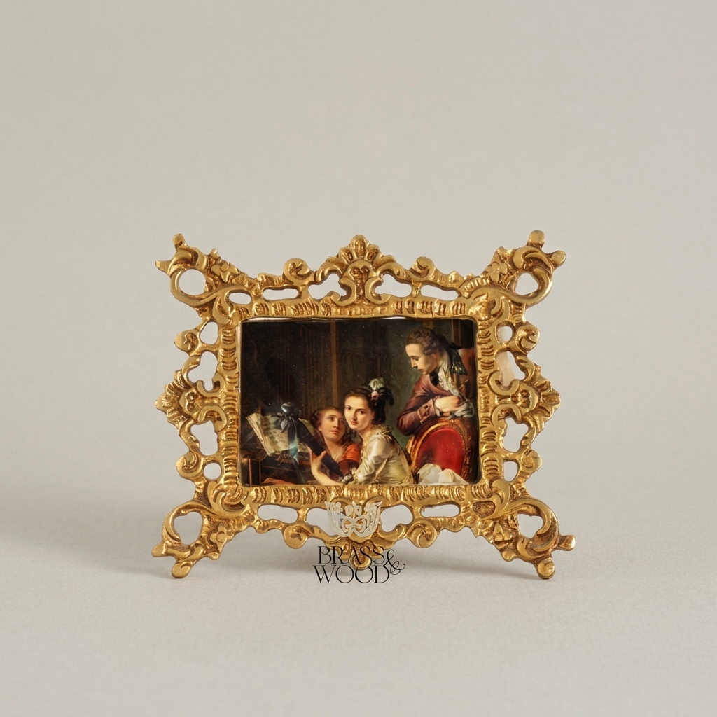 Baroque Rococo Brass Filigree Stand Photo Frame - Openwork Scroll Easel — Antique Gold