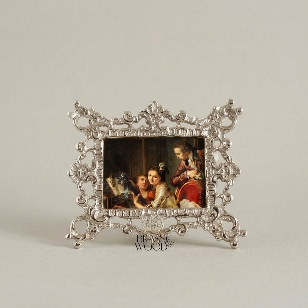 Baroque Rococo Brass Filigree Stand Photo Frame - Openwork Scroll Easel — Silver