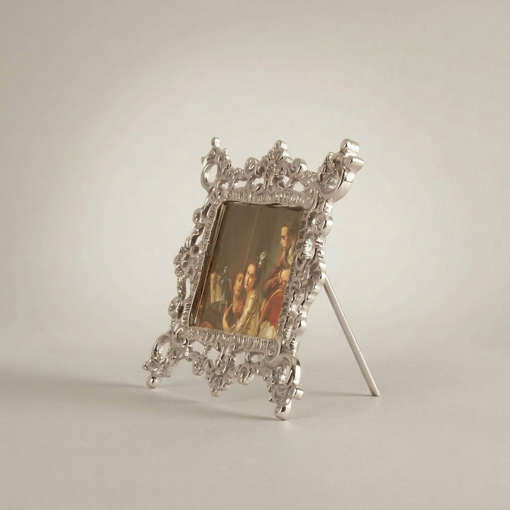 Baroque Rococo Brass Filigree Stand Photo Frame - Openwork Scroll Easel — Silver