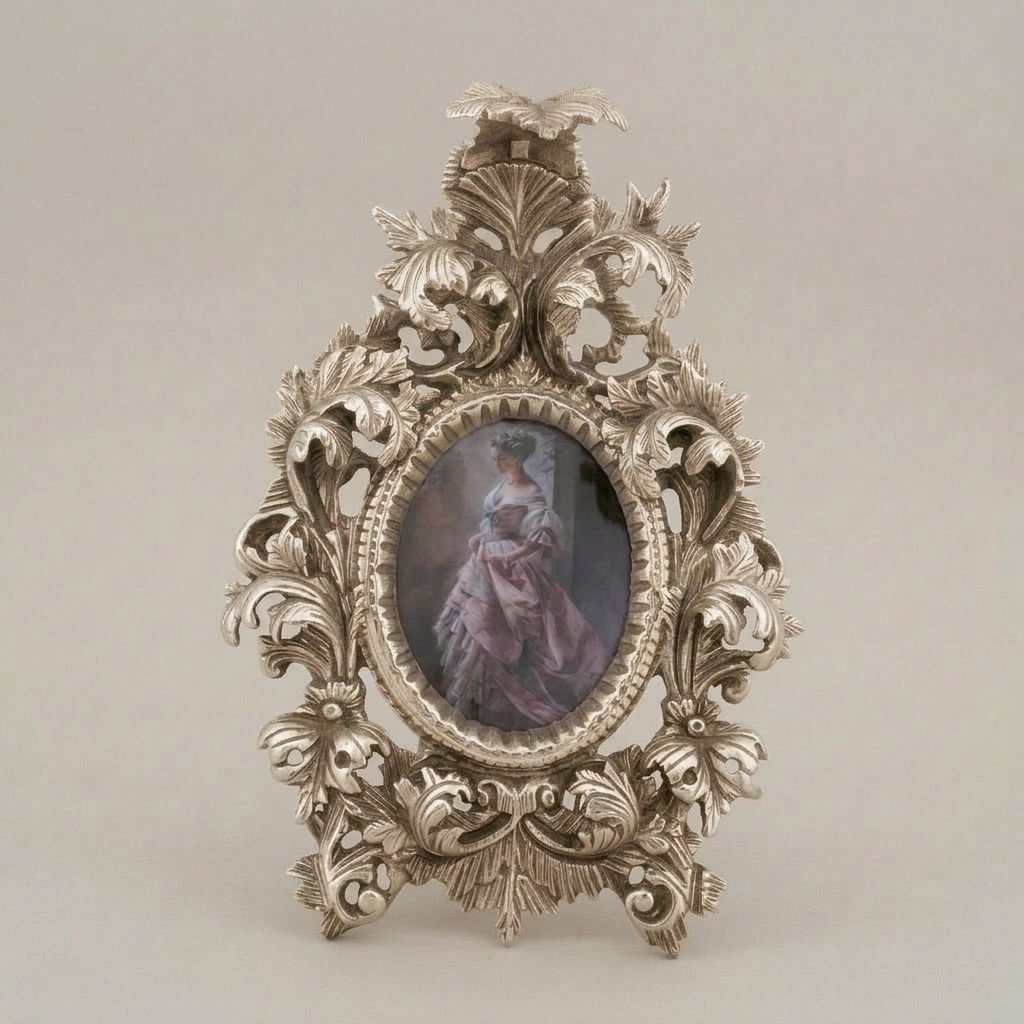 Baroque Rococo Brass Photo Frame - Oval Aperture with Acanthus & Eagle Crest — Silver