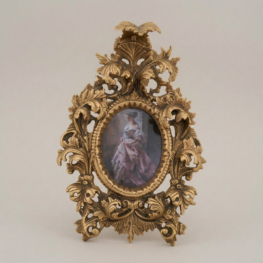 Baroque Rococo Brass Photo Frame - Oval Aperture with Acanthus & Eagle Crest — Antique Gold