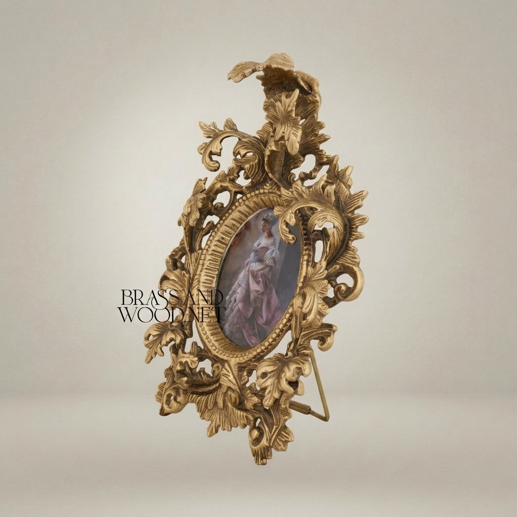 Baroque Rococo Brass Photo Frame - Oval Aperture with Acanthus & Eagle Crest — Antique Gold