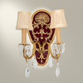 Baroque Rococo Double-Arm Wall Sconce with Crimson Backplate, Crystal Drops & Cream Shades — Gold