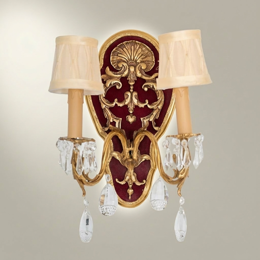 Baroque Rococo Double-Arm Wall Sconce with Crimson Backplate, Crystal Drops & Cream Shades — Gold